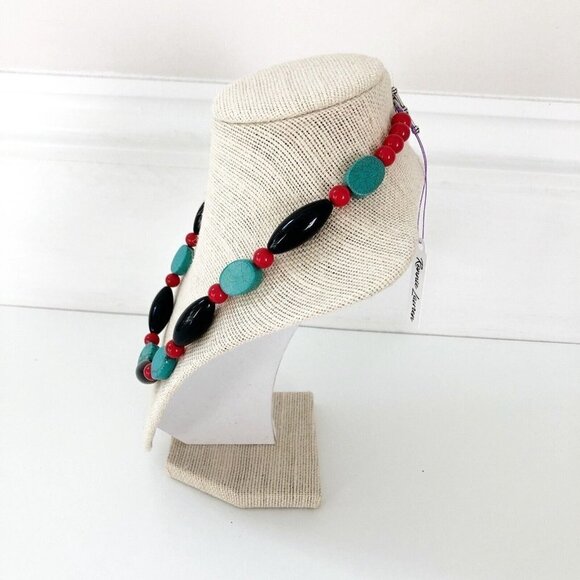 NWT Genuine Red Turquoise, Turquoise, Black Onyx Beaded Necklace Blue Black Red - Picture 3 of 5